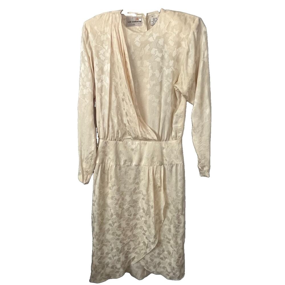 Vintage 80s Liz Claiborne Silk Dress 8 P Pale Yellow Jacquard Floral Faux Wrap - Picture 2 of 16